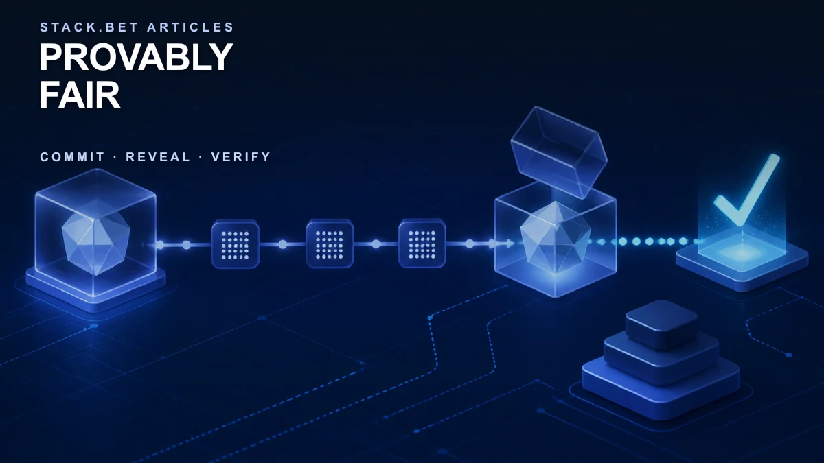 Stack.bet illustration showing a hidden commitment opening into a verified round result